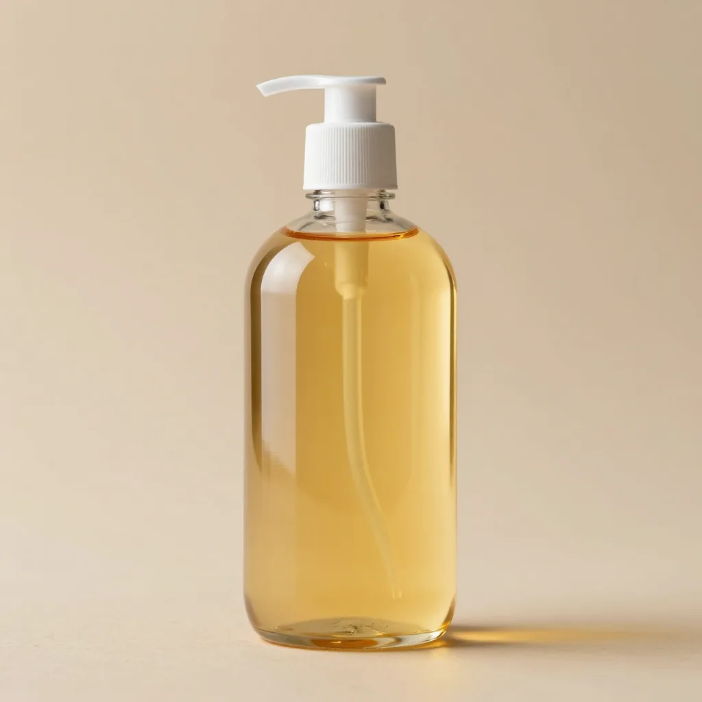 A large glass bottle of golden emu oil