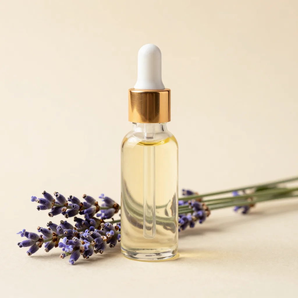A glass bottle of emu oil and lavender massage blend