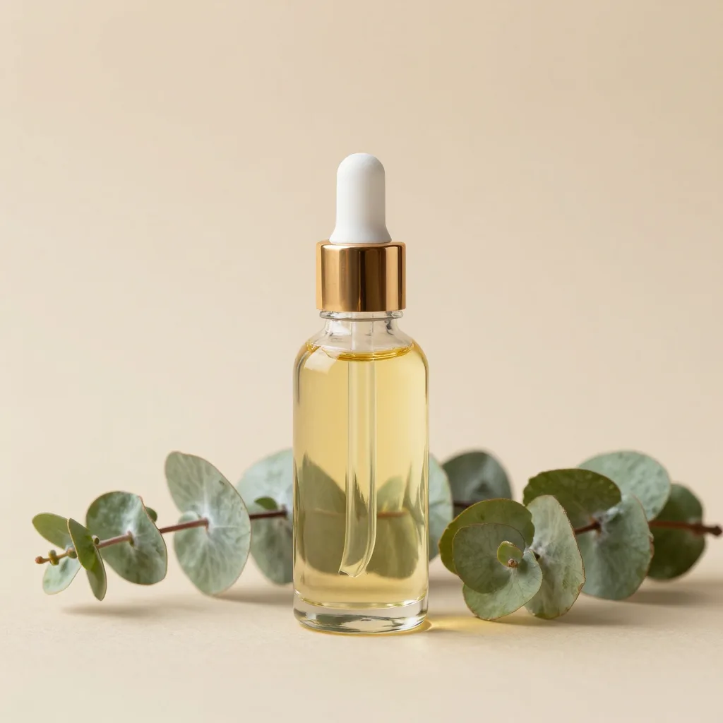 A glass bottle of emu oil and eucalyptus massage blend
