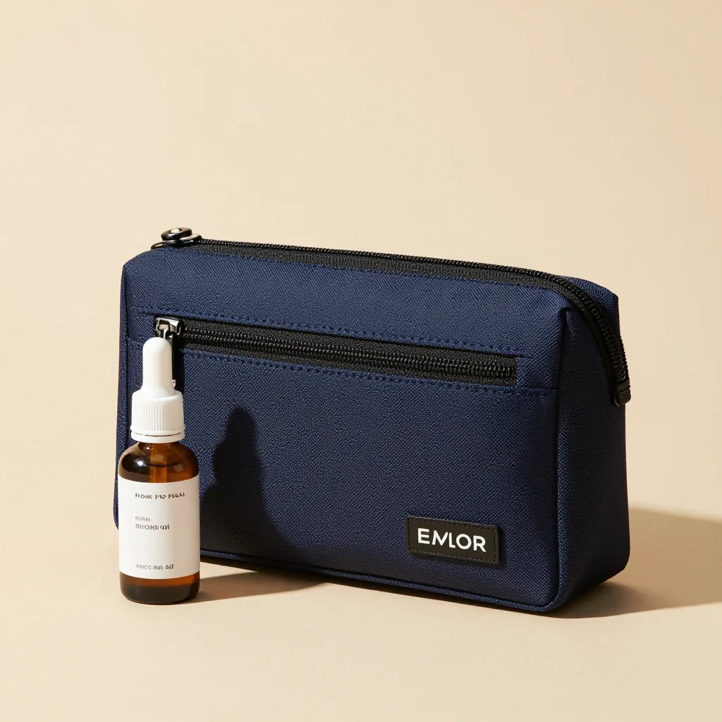 A travel pouch with a bottle of emu oil and a roll-on